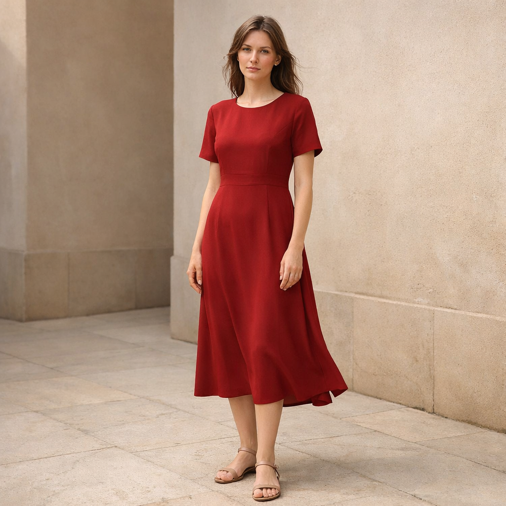 Damska Sukienka Midi z Krótkim Rękawem i Rozkloszowanym Dołem