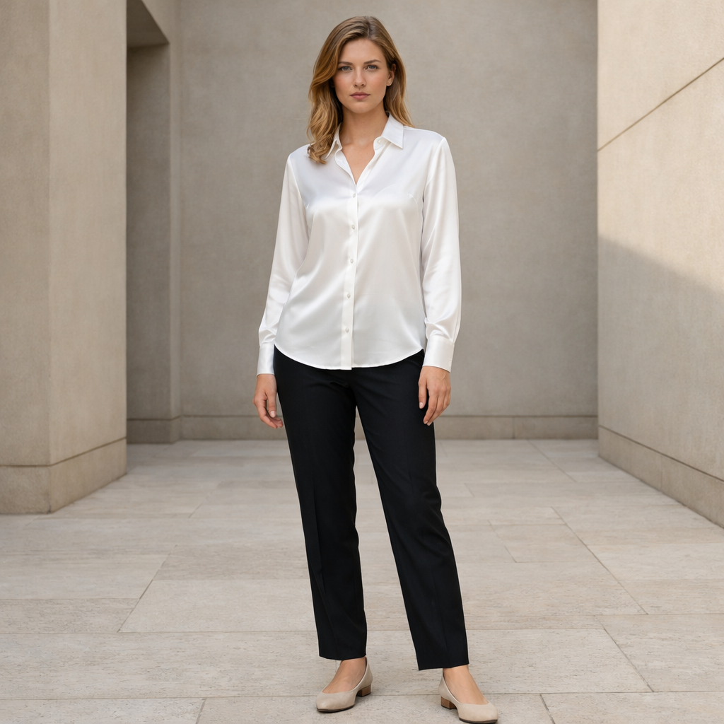 Damska Satynowa Koszula z Długim Rękawem i Kołnierzykiem