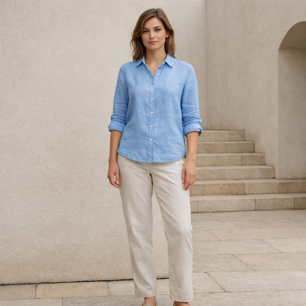 Damska Lniana Koszula z Kołnierzykiem i Kieszonką na Piersi