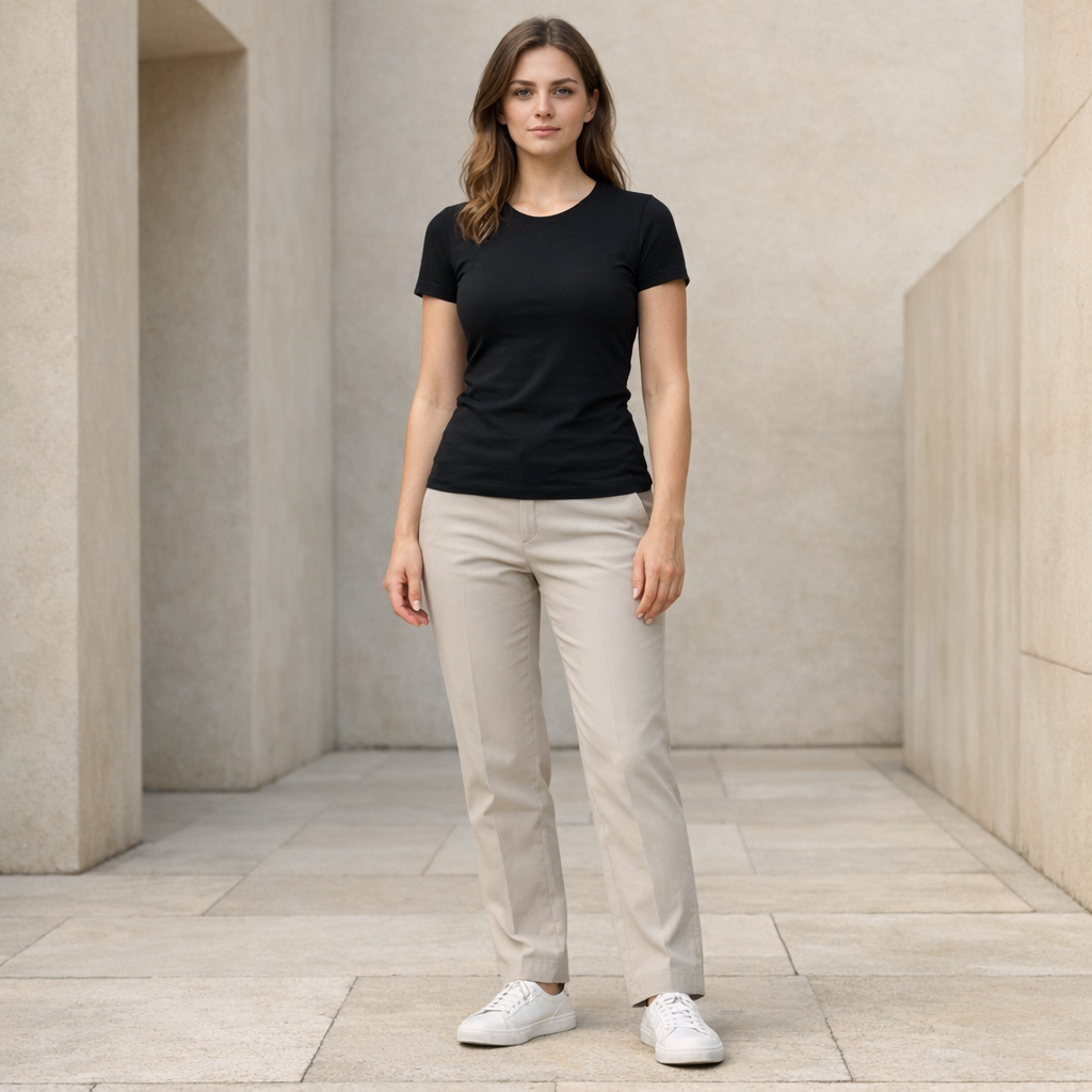 Damski T-shirt z Okrągłym Dekoltem - Dopasowany Krój