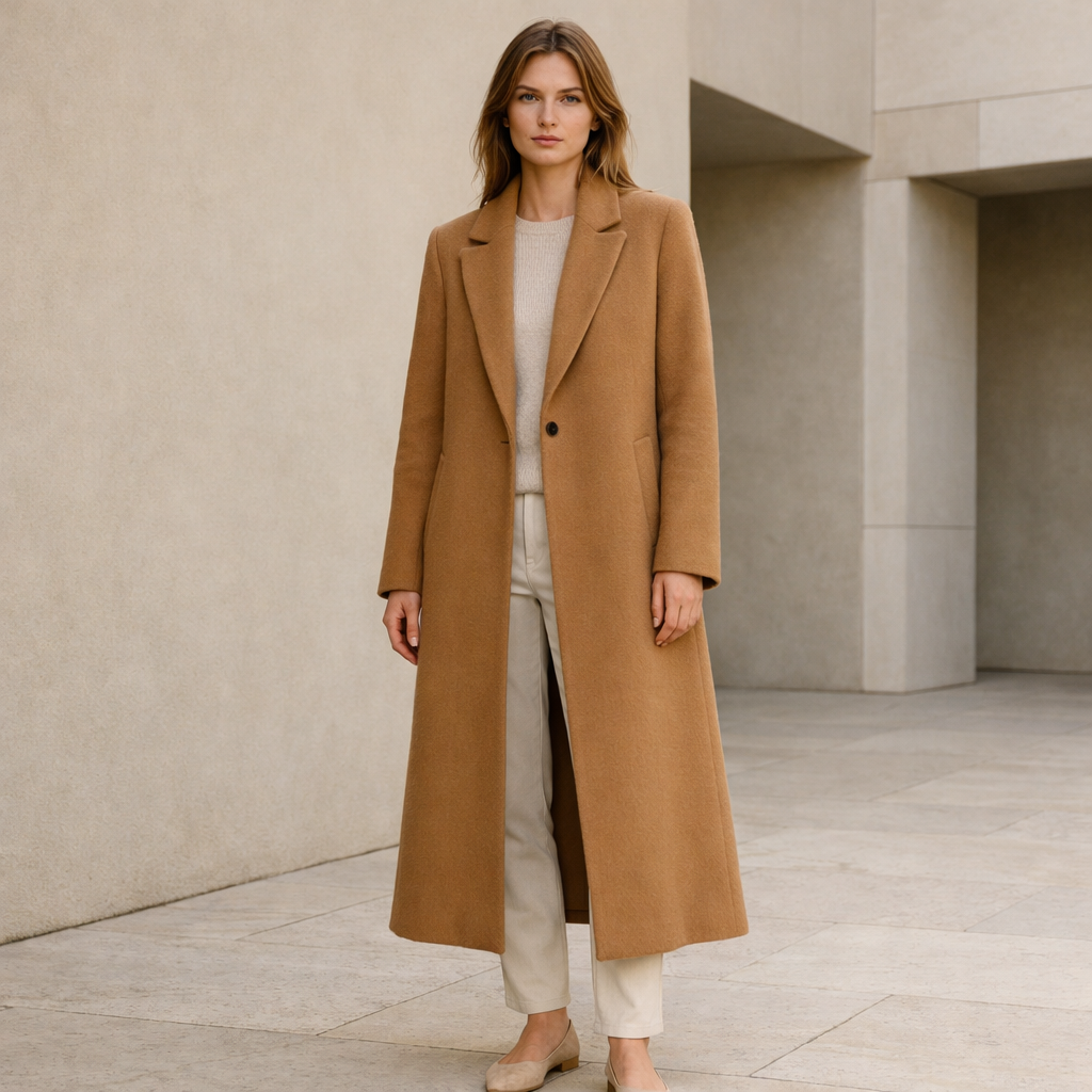 Długi Wełniany Płaszcz z Klapami na Jeden Guzik